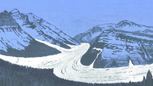 An illustrated blue landscape with two glaciers flowing together. 
