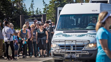 A small crowd of visitors waits to board a shuttle at Logan Pass.