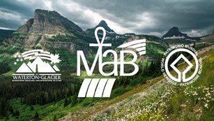 Logos of international programs overlaid on vegetation covered mountainscape