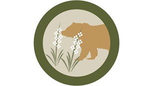 Circle graphic of a bear and some flowers