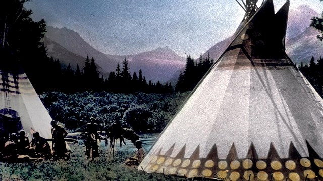 Colored lantern slide of people and tipi on lakeshore