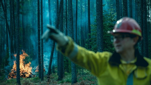 A firefighter points past a forest fire