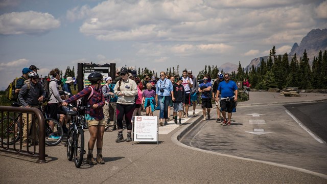 A crowd of people stand near a road in the mountains. 