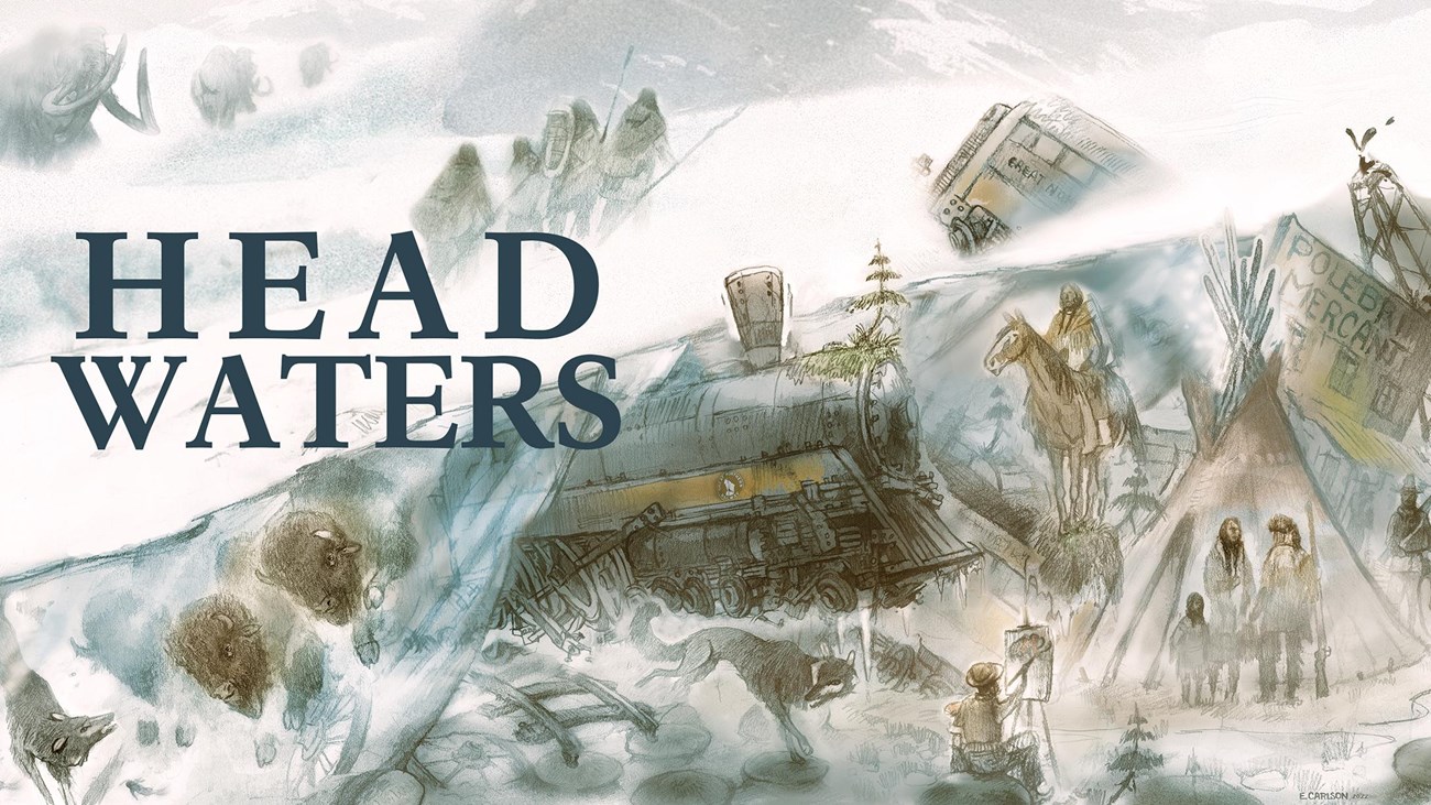 A complex historic illustration with many characters and objects and text that says, "headwaters."