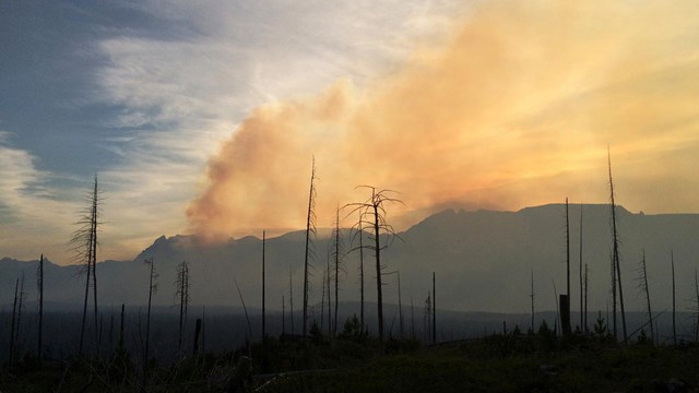 orange colored smoke over silhouetted mountain ridge and trees