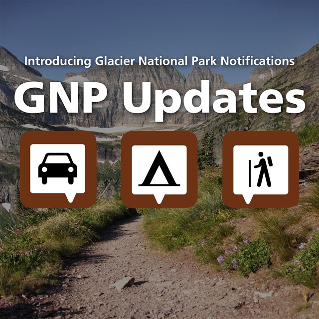 High alpine trail with car, tent, and hiker logos in the center and 