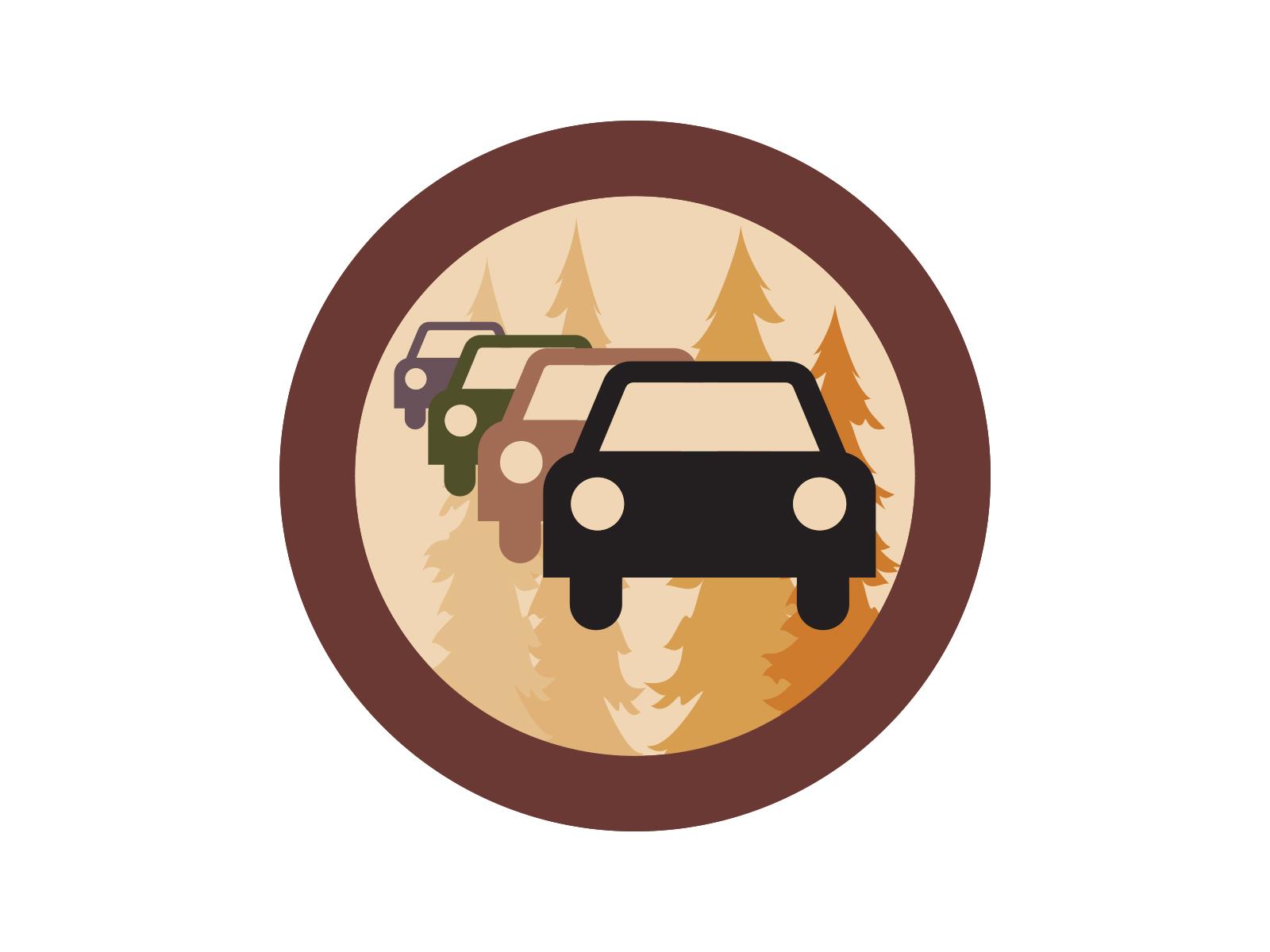 A round graphic of a line of cars