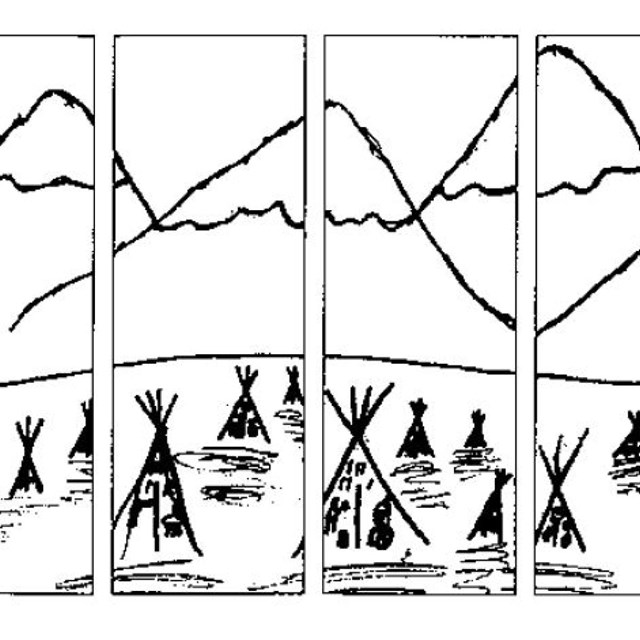 a drawing of mountains and native structures 