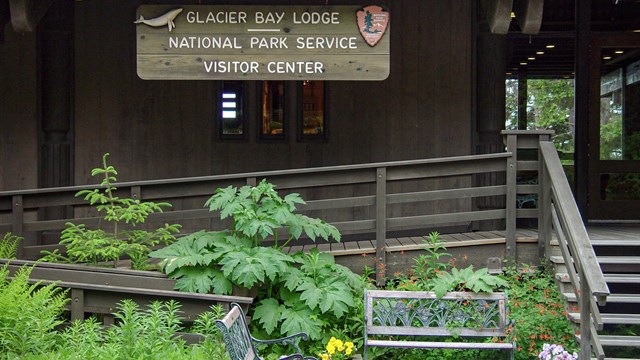 Glacier Bay Lodge front door and entrance sign