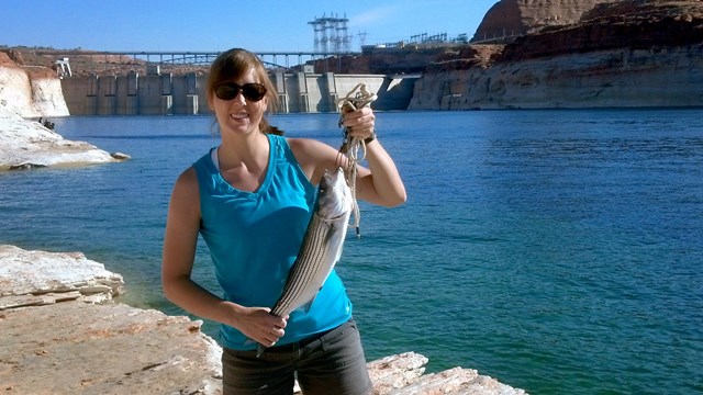 Woman holds up a large striper caught near dam