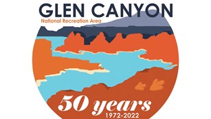 50th anniversary logo with illustrated red canyons, winding blue water, purple mesas and mountain 