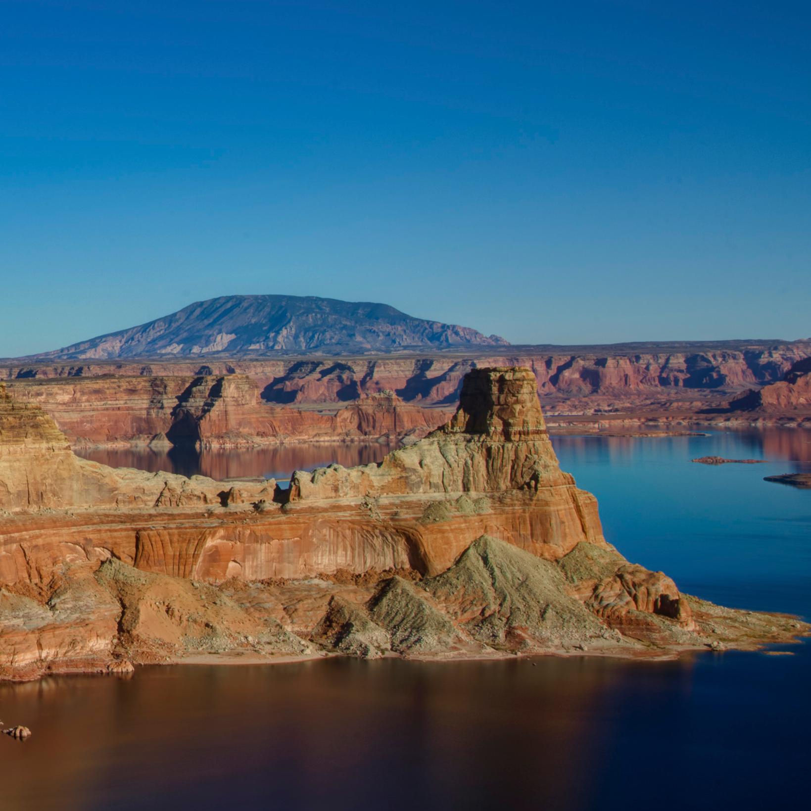 Sandstone buttes in a desert lake