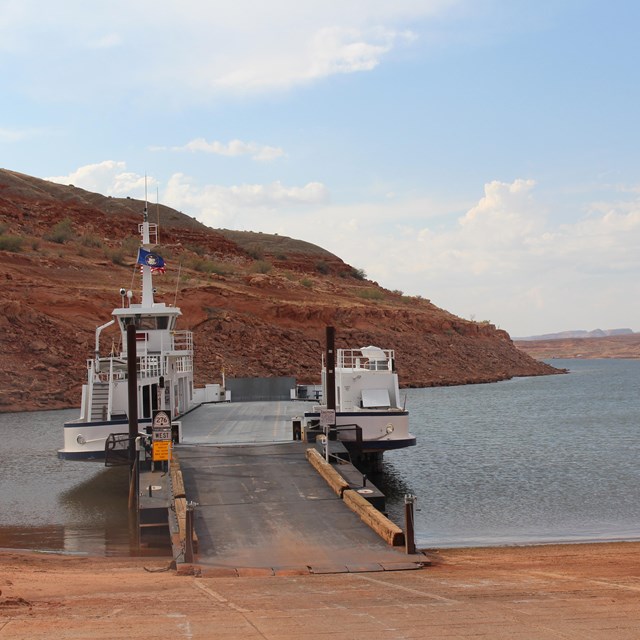 Large ferryboat beached in a sandstone canyon