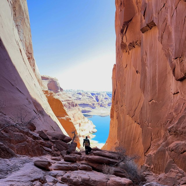 A narrow sandstone canyon overlooking a desert lake
