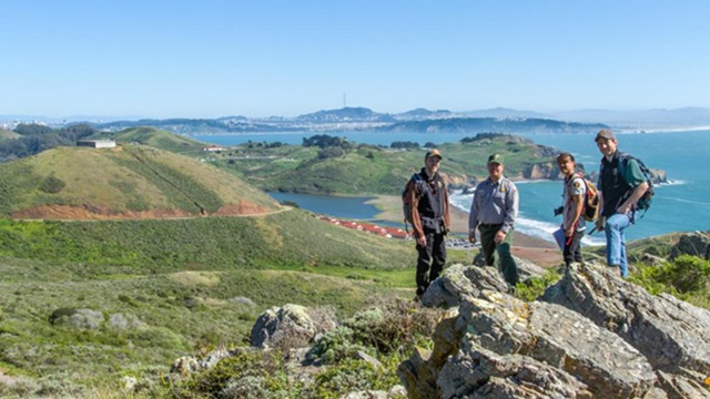 group of people on trail in Marin Headlands