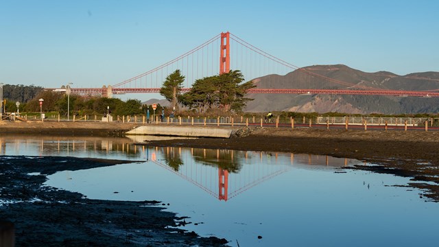 Crissy Field, bridge reflects in lagoon