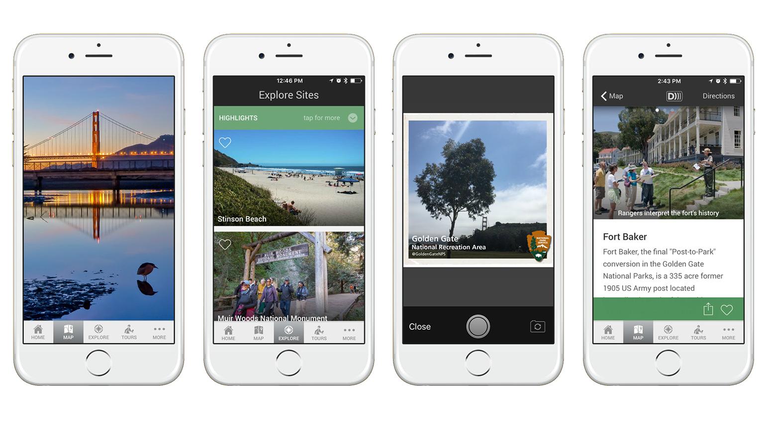 Four screenshots of the NPS iOS App