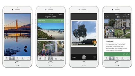 Four screenshots of the Golden Gate NPS app
