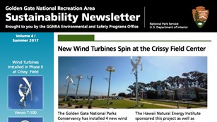 Cover page with headline reading "New Wind Turbines Spin at the Crissy Field Center"