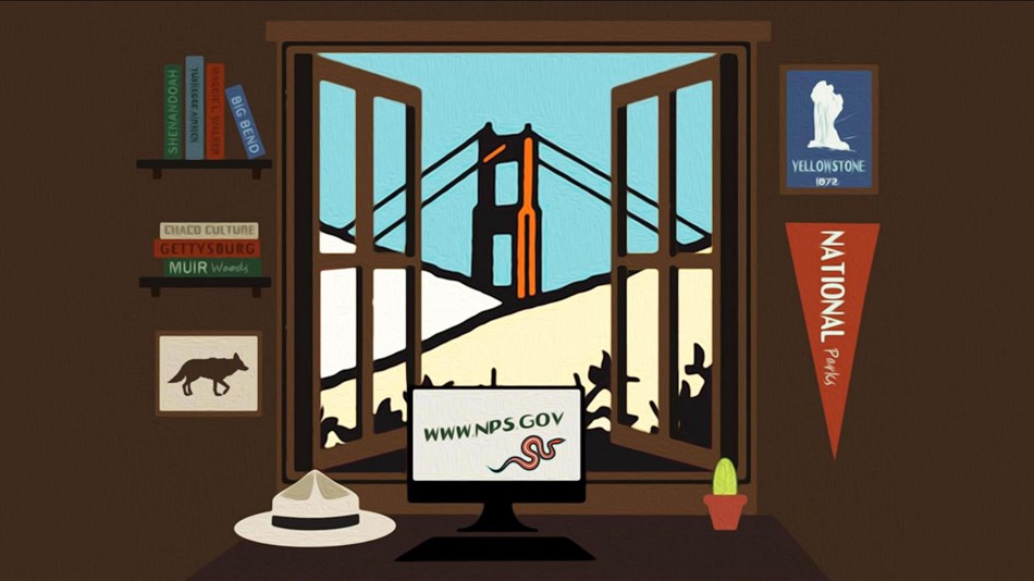 rendering of desk at window overlooking the golden gate bridge