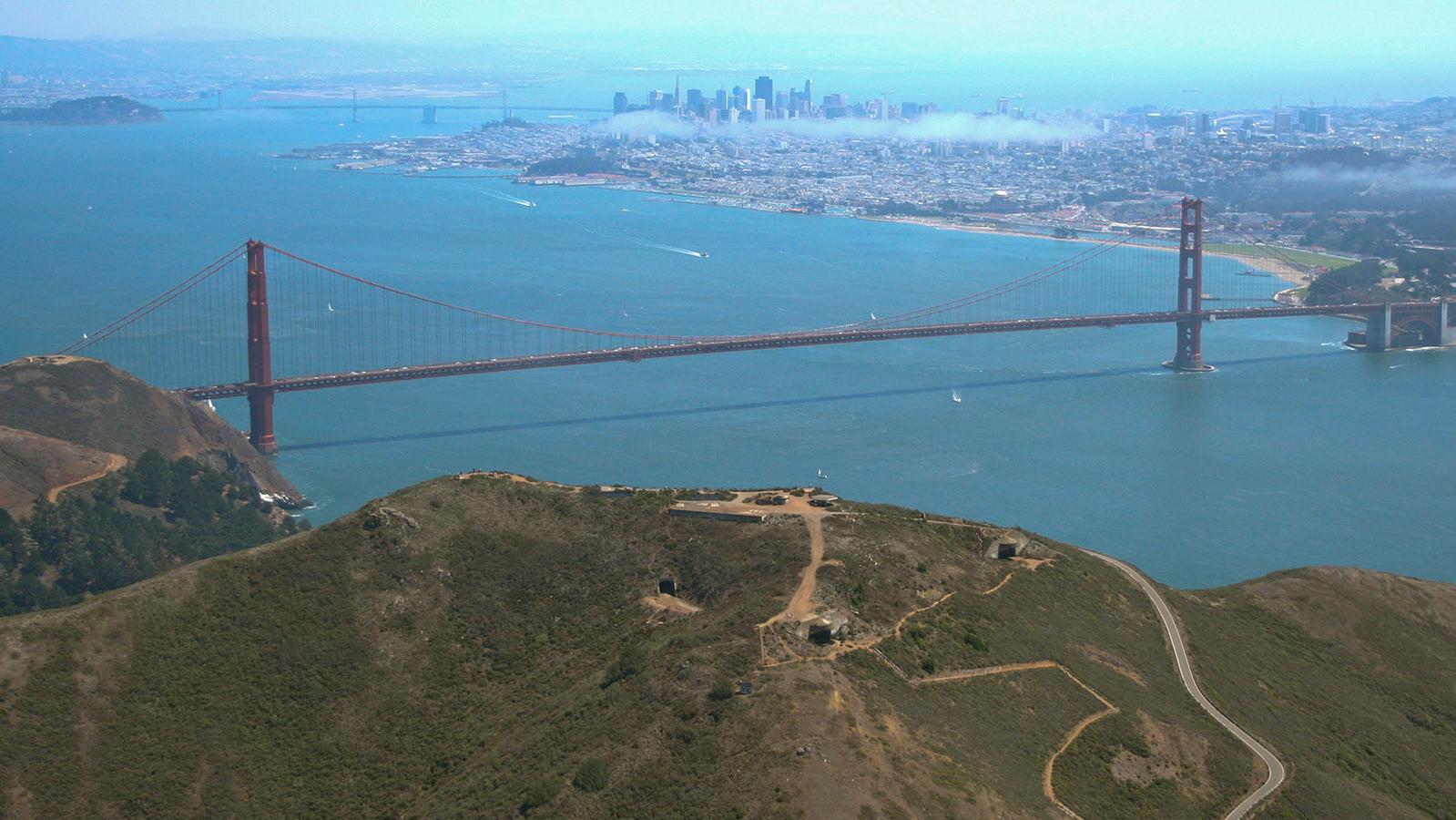 Aerial image of Hawk Hill and the Golden Gate.