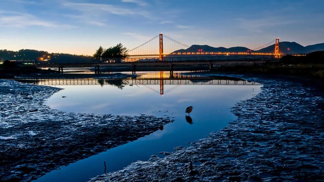 sunset at golden gate bridge with crissy marsh