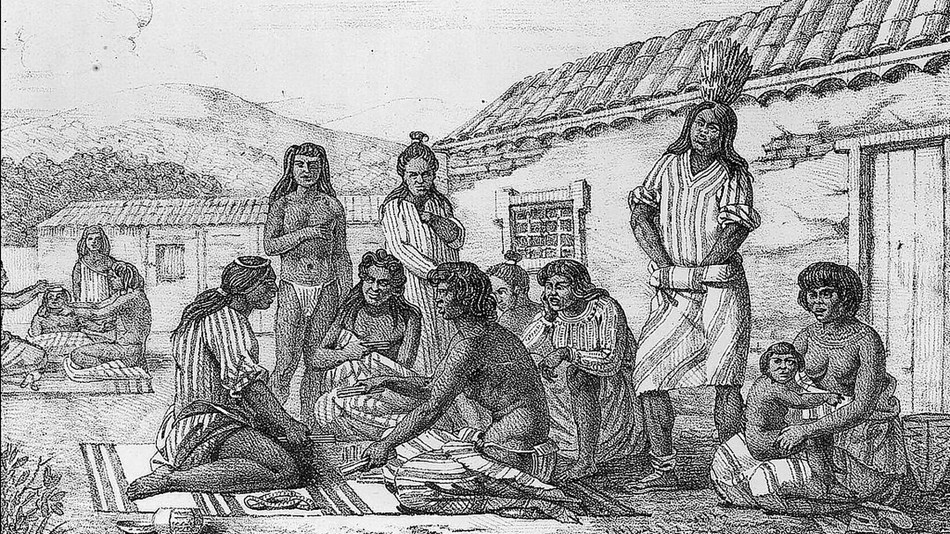 Miwok village scene: Jeu des habitans de Californie, Louis Choris, 1795-1828. (Bancroft Library)