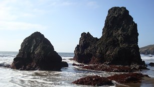 Sea stacks at low tide on South Rodeo Beach in the Marin Headlands