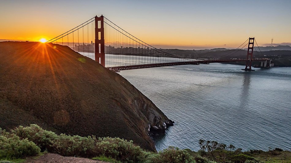 Presidio trail, marin headlands, and bridge in view.