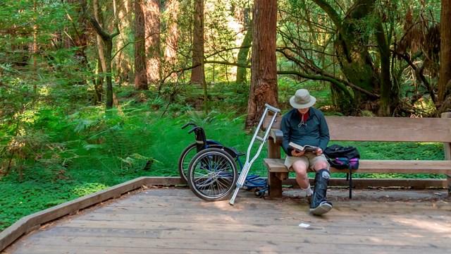Park visitor using wheelchair accessible trail at Land's End