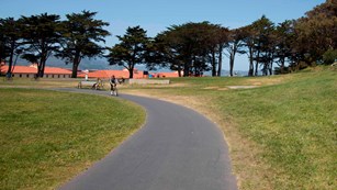 A cyclist bikes along a curving paved asphalt trail that runs through a grass lawn.