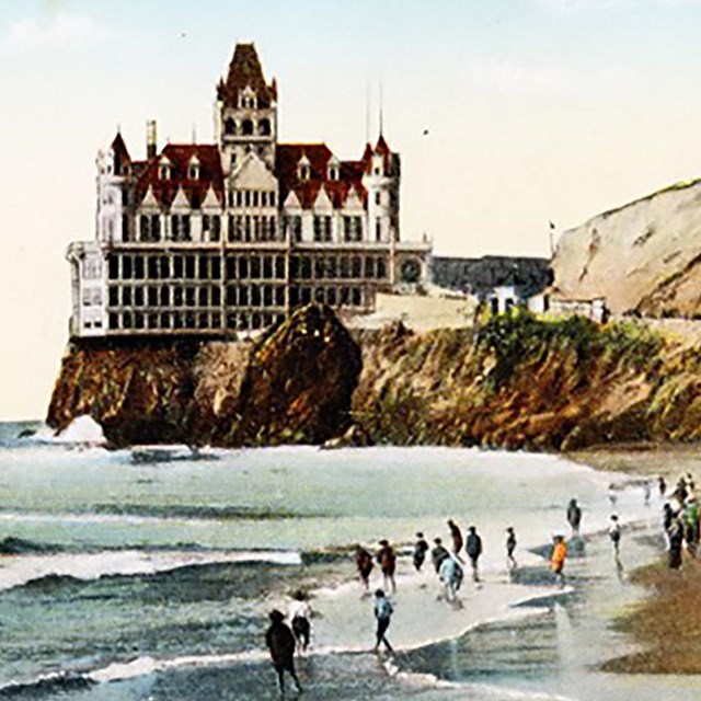 Historic postcard showing the Cliff House and Ocean Beach (photo circa 1896 to 1907)