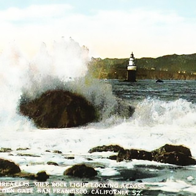 Mile Rocks Lighthouse seen from the shore at Lands End.