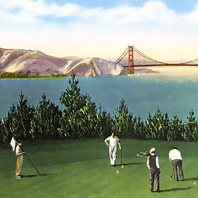 Golfers at Lincoln Park Golf Course tee off with a magnificent view of the Golden Gate Bridge.