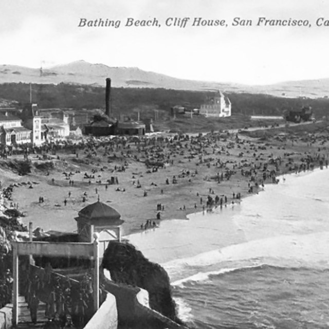 Historic postcard showing view of Ocean Beach from the Cliff House (postcard circa 1916)