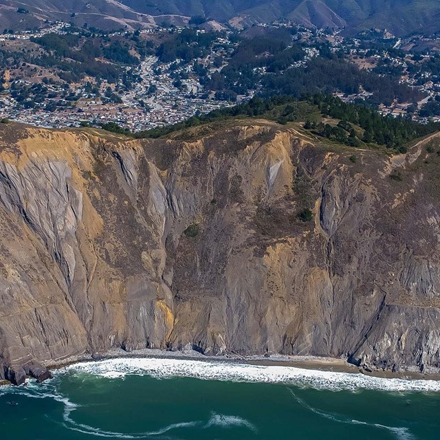 Aerial image of coastal geology. 