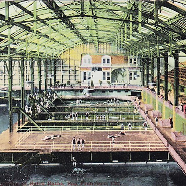 Postcard of Sutro Bath interior, circa 1909