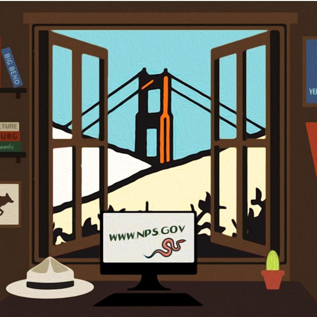 rendering of desk at window overlooking the golden gate bridge