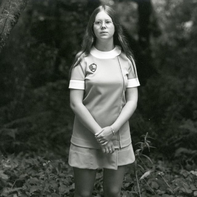 A female ranger wears the uniform dress issued in the 70s.