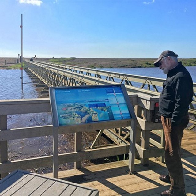A visitor looks at an exhibit with climate change info at the bridge spanning over Rodeo Lagoon.