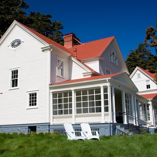 View of rehabilitated whate officers' quarters with red roof