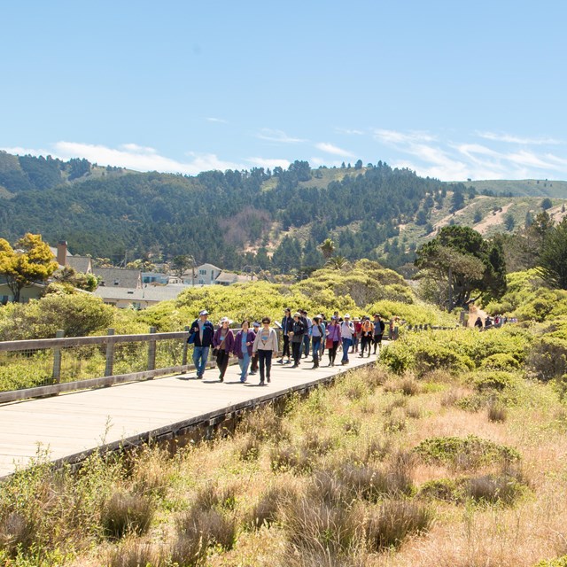 Group of people walk along trail in mori point