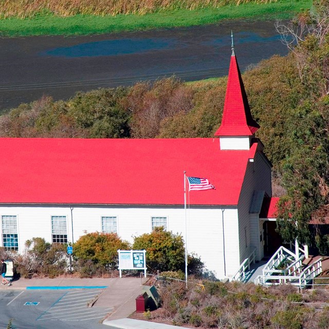 Marin Headland's visitor building nestled in the hills of the headlands
