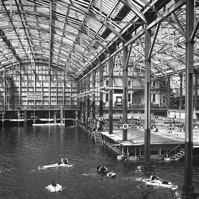 Historical photo of the interior of Sutro's bathouse