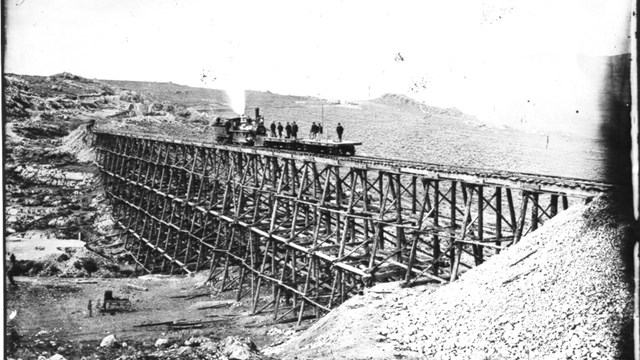 Black and White Historical Photo of Train Trestle 
