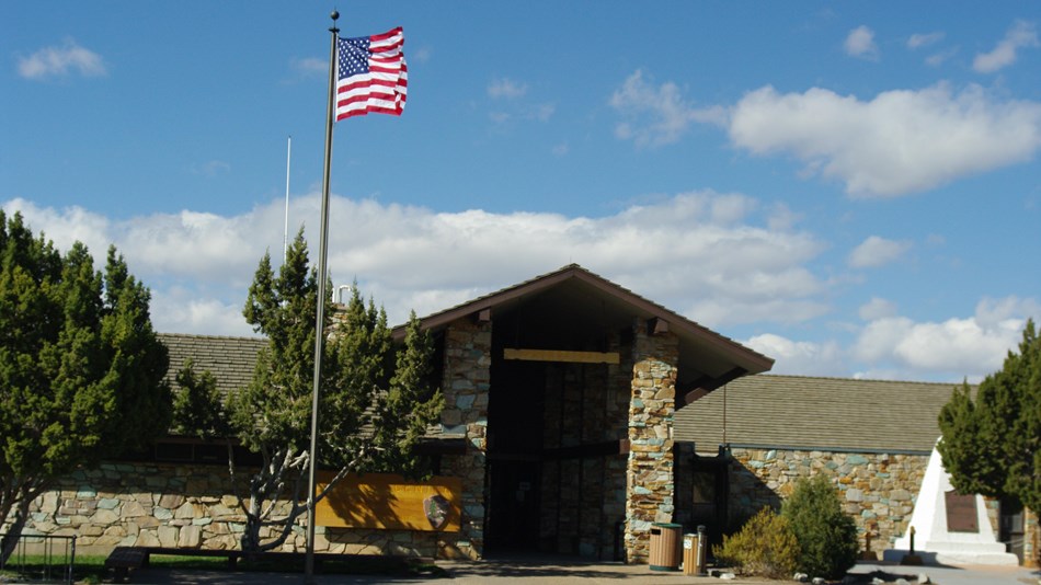 Golden Spike NHP visitor center with flag up. 