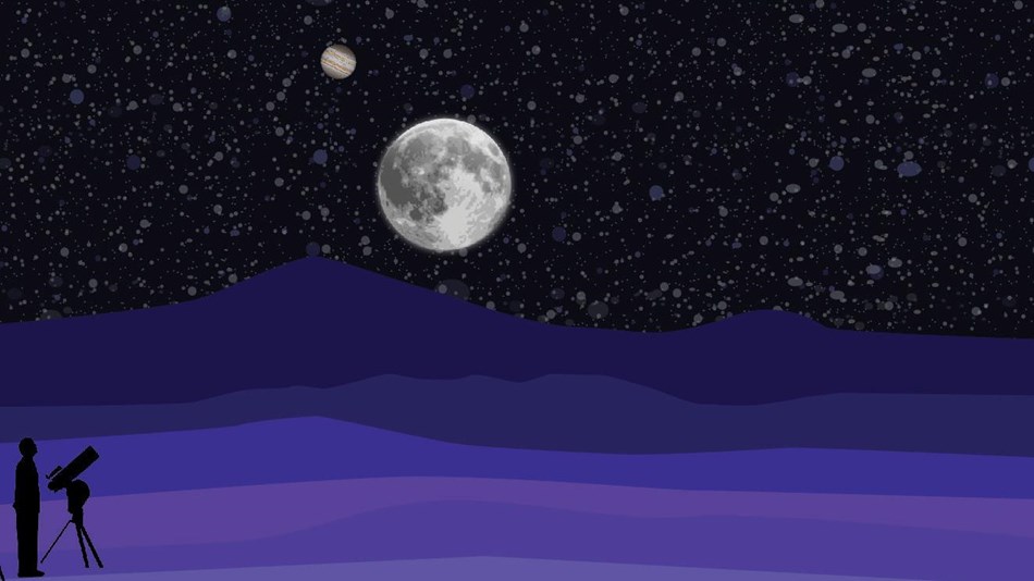 A night scene of mountains, the night sky with some planets, and 2 people with telescopes.