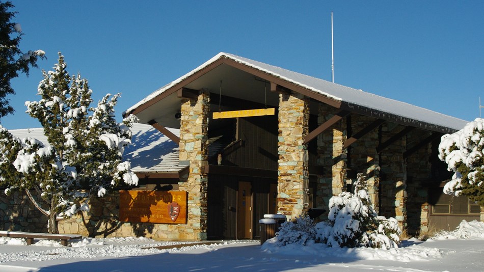 Golden Spike Visitor Center covered in snow. 
