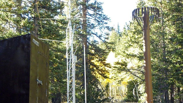 A brown pole with a halo of thing panels hanging from the top next to a weather tower in a forest
