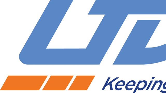 Blue lettering on a white background "UDOT" and "Keeping Utah Moving" underneath with orange line